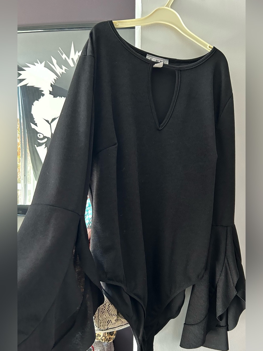 Plus Size Black Ruffle-Sleeve Bodysuit with Keyhole Neck